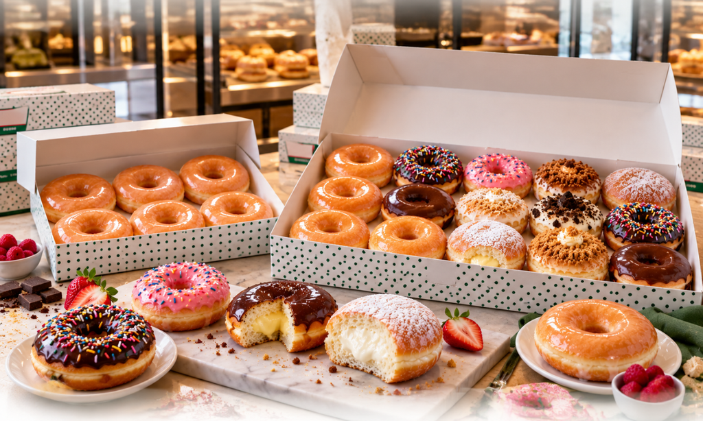 Krispy Kreme donut boxes with individual six-count and dozen options