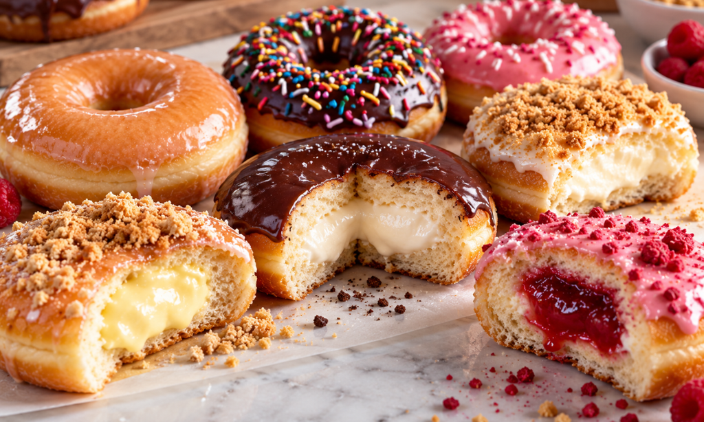 Krispy Kreme filled donuts showing Kreme custard raspberry and cheesecake fillings