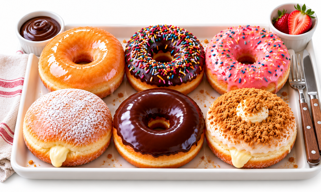 Popular Krispy Kreme glazed chocolate sprinkled and filled donuts